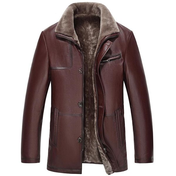 

men's leather & faux genuine jacket men slim winter warm sheepskin coat wool coats plus size 5xl 6xl jaqueta de couro 16688 zl383, Black