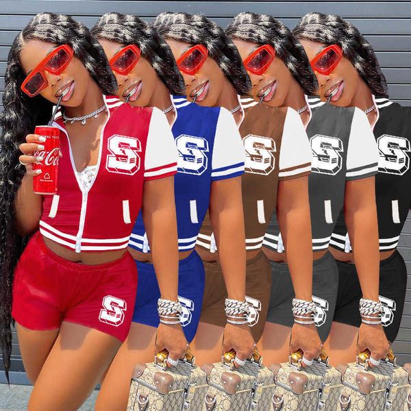 

2022 summer two piece pants suits womens tracksuits sportswear casual short sleeved shorts jacket set casual print outfits, Gray