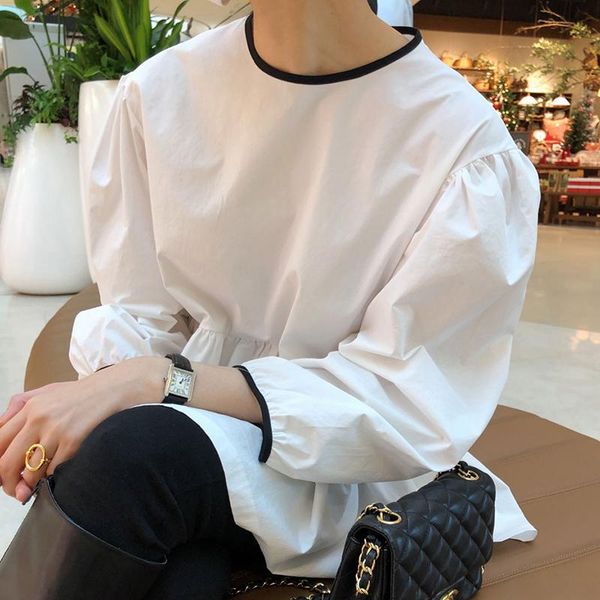 

women's blouses & shirts causal white blouse women 2021 puff long sleeve o-neck loose for korean chic chemise femme 15333