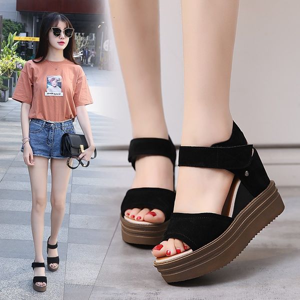 

slope 2021 summer high heel thick sole fashion with fairy 3233 small size sandals female, Black