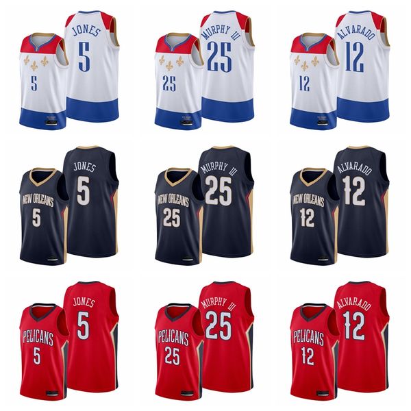 

jose alvarado 12 herbert jones 5 trey murphy iii 25 2021 draft basketball new orleanspelicansmen white edition city jersey, Black;red
