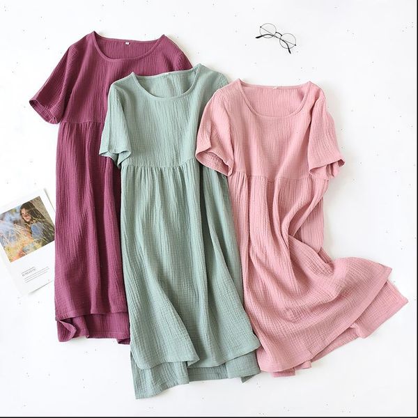 

summer sleepshirts comfortable solid color women sleepwear cotton gauze long skirt home nightgowns womens round neck nightdress thin section, Black;red