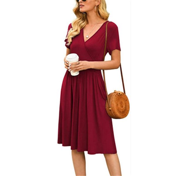 

casual dresses elegant dress women comfy solid color v-neck pocketed short sleeve bodycon 2021 fashion midi, Black;gray