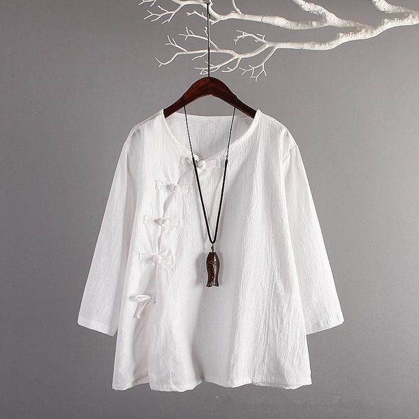 

womens blouses spring autumn vintage slant buckle chinese women shirts literature loose simple art lace up solid color female linen, White
