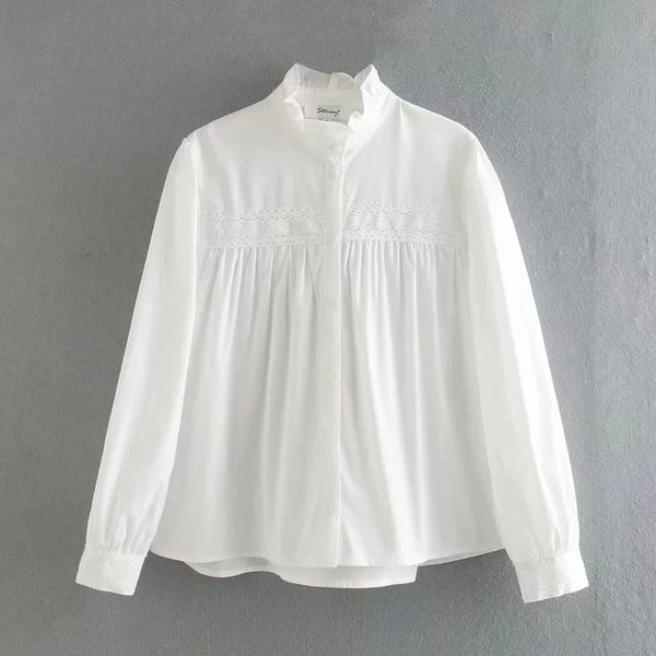 

women lace decoration white blouse female stand collar long sleeve shirt casual lady loose blusas s8305 210430
