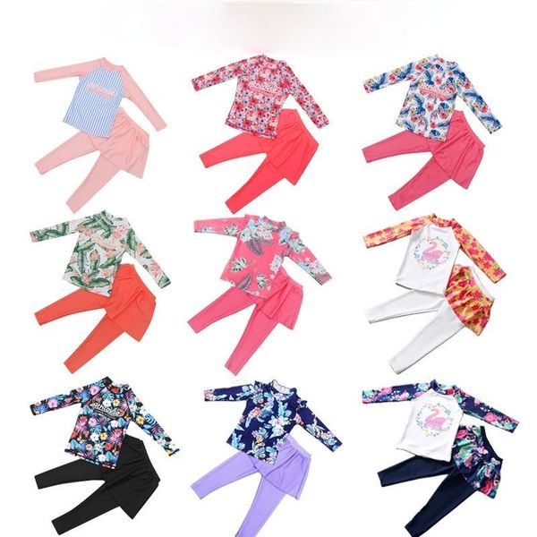 

swimwear girls floral print sun protection rash guard set kids 3-11 year beachwear long sleeve swimsuit bathing suits kid clothing sets, White
