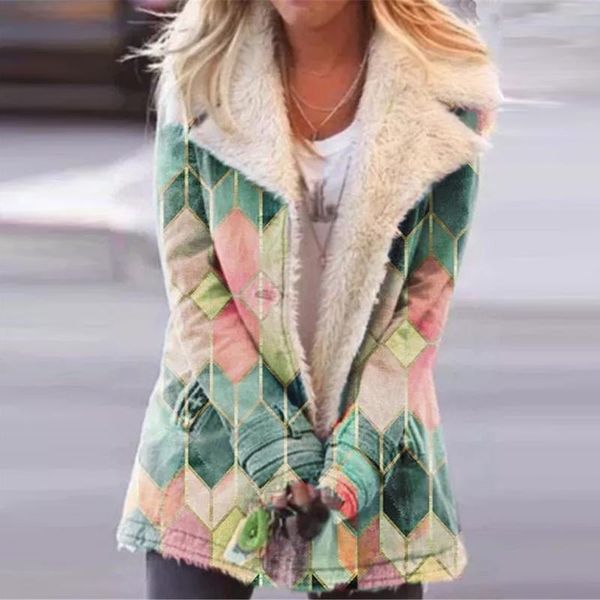 

women's jackets oversized plush coat ladies winter snow overcoat pattern printing stand-up collar fashion thicken wool women clothing, Black;brown