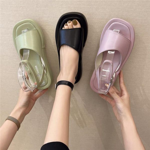 

sandals yeeloca woman flat shoes 2021 fashion summer round toe 3.5cm heel buckle black white size 35-40
