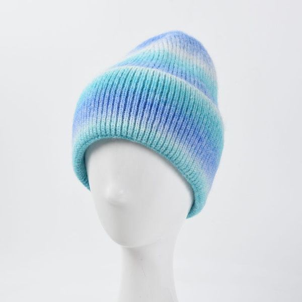

beanie/skull caps knitted hat korean fashion tie dyed wool female autumn and winter warm gradient rainbow cap ear protection, Blue;gray
