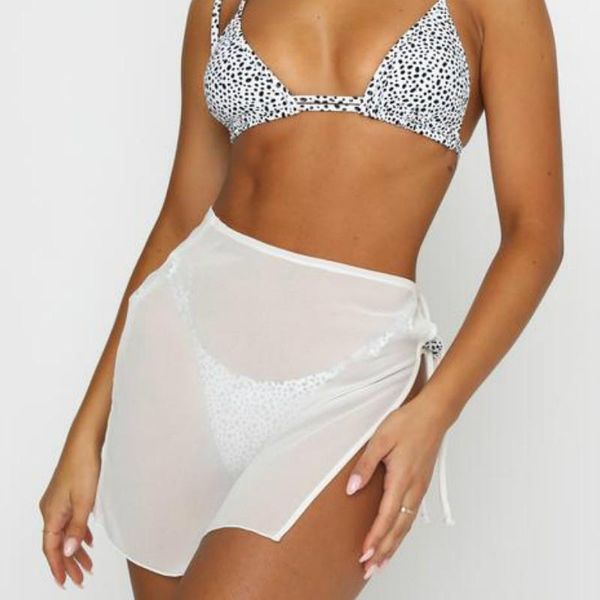 

women's swimwear women beach bikinis cover ups solid white black high waist lace-up split skirts swimsuits bath mesh perspective wraps
