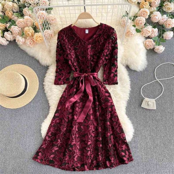 

women's fashion v neck jacquard retro mid-sleeve lace-up slim a-line dress vintage elegant korean vestidos s291 210527, Black;gray