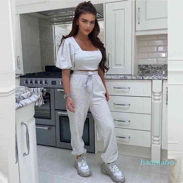 

two piece dress - new summer womens loungewear set vintage square collar short puff sleeve crop long pant pink jogging, White