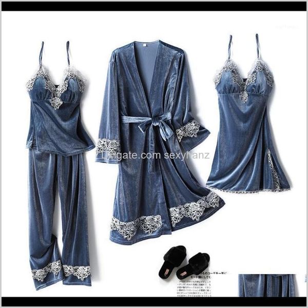 

underwear apparel drop delivery 2021 womens golden veet four-piece pajamas long sleeve autumn and winter home suit sleepwear set1 5ongi, Black;red