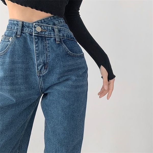 Yüksek Bel Mavi Kot HARAJUKU KORE ULZZANG denim pantolon vahşi günlük gündelik kız gevşek pantolon sokak kıyafeti jean femme 220216