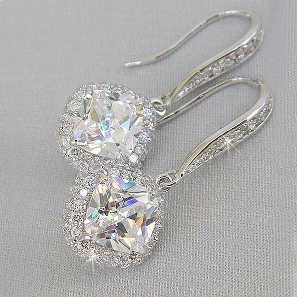 

new trendy luxury silver color square drop earring wedding bridal accessories shine zircon stone elegant women jewelry
