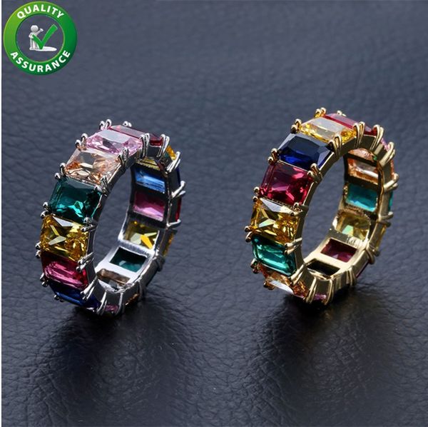 

hip hop mens diamond rings luxury designer jewelry iced out colorful cubic zircon finger ring gold silver micro pave cz classic men's p, Golden;silver