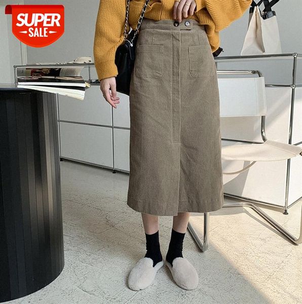 

[huang zheng] front slit corduroy straight skirt women korean mid-length a-line q29912 #l49d, Black;gray