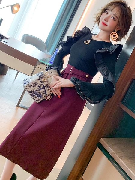

women's tracksuits double layer rhinestone ruffled slim + high waist bag hip skirt suit 2021 autumn, Gray
