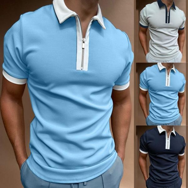 

men's casual shirts telotuny 2021 summer fahion splice solid short sleeve camisas turn-down collar zipper blouse, White;black