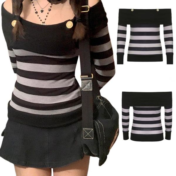

women's t-shirt women casual , striped boat neck long sleeve pullover for spring autumn, black, s//l 2022 fashion, White