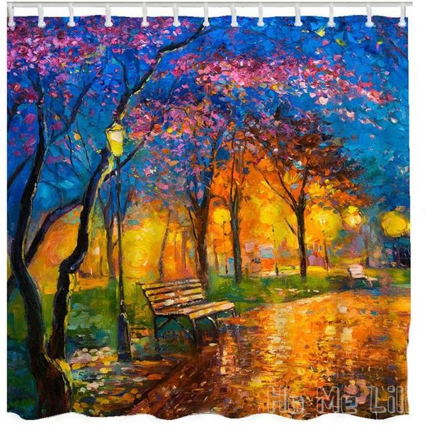 

shower curtains tree by ho me lili oil painting of park forest bench sakura flower leaves autumn bathroom set home decorative