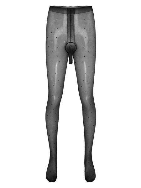 

men stocking dot pattern bulge pouch pantyhose glossy see-through stockings tights stretchy thin leggings night underwear sports socks, Black