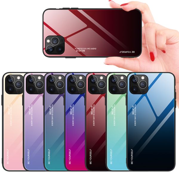 Capas de telefone coloridos gradiente para iPhone 12 mini 11 pro max vidro temperado caso xr xsmax se 7 8 mais capa protetora