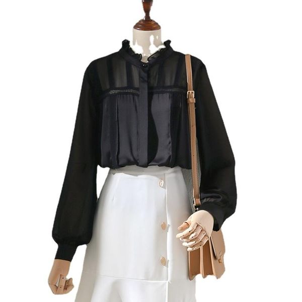 

women's blouses & shirts lightweight chiffon black women summer design 2021 ruffles lace patchwork elegant office lady outwear, White