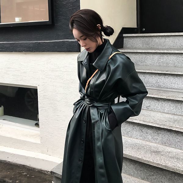 

women's trench coats [ewq] pu leather long outwear autumn women loose belt windbreaker slim clothing korea qhu6, Tan;black