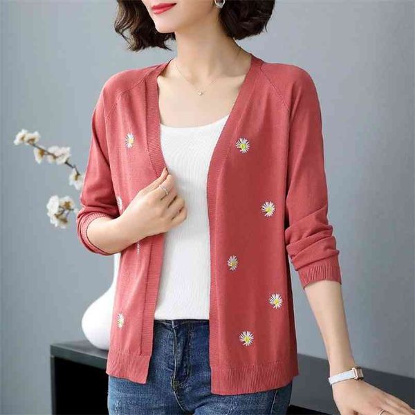 

fashion embroidered floral knitted cardigan sweater women thin section loose sunscreen long sleeve female spring autumn 210427, White;black