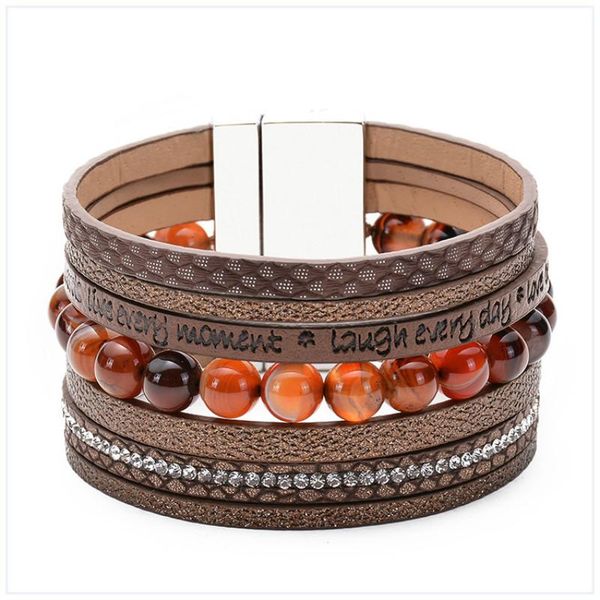 

charm bracelets multilayer leather braided bracelet striped natural stone magnet buckle women beaded, Golden;silver