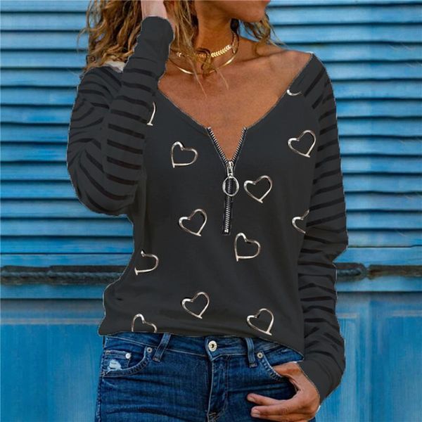 

women's t-shirt 2021 fashion female long-sleeved love printed v-neck zip t-shirts plus size clothing spring ladies, White