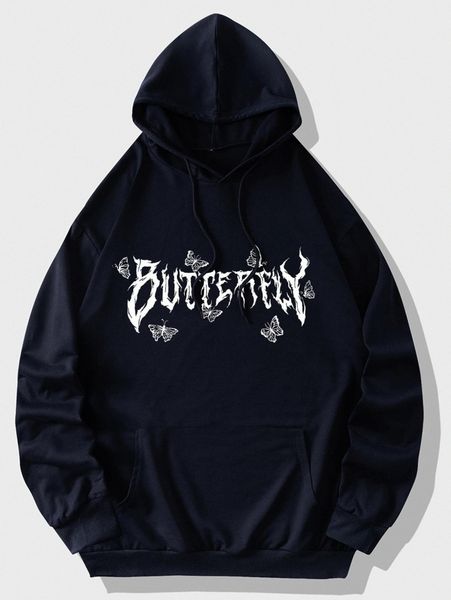 

men butterfly and letter graphic hoodie t2nr#, Black