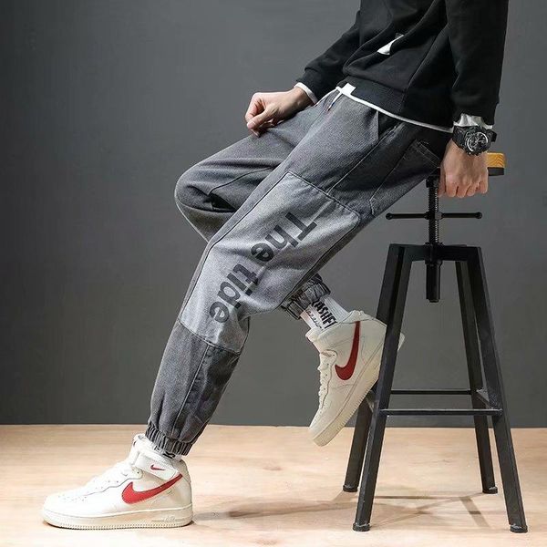 

men's jeans mens harlan cropped pants with small feet low-waist casual men slim fit cargo, Blue