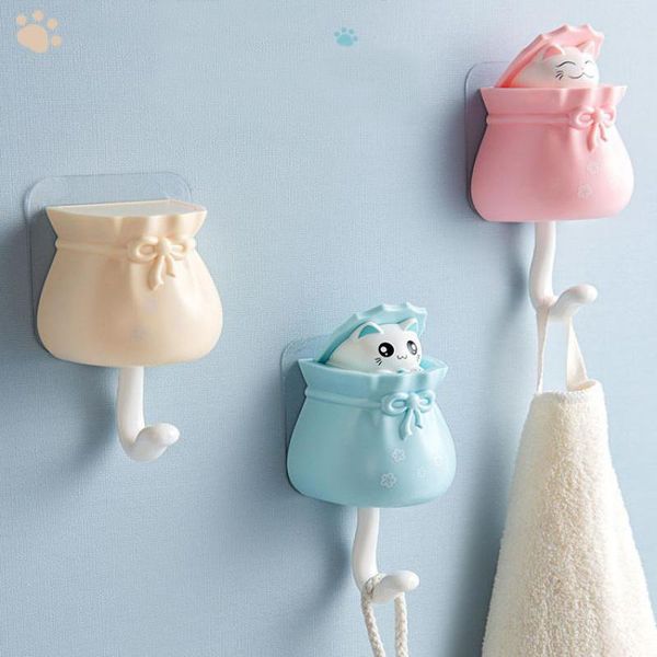 

hooks & rails household cartoon cat decorative key holder wall mounted adhesive coat hanger hat rack sundries organizer accessories