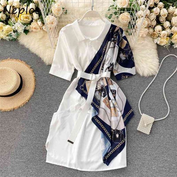 

neploe chic print patchwork elegant women dress a-line irregular simple femme dresses turn-down collar drawstring vestidos 1d849 210331, Black;gray