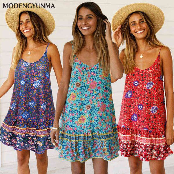 2021 sommer Strand Kleid Elegante Vintage Floral Tunika Kleid mode Boho Casual Kurze backless Kleid Bohemian G220309