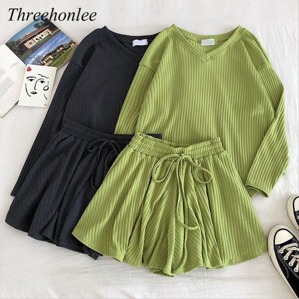

women's tracksuits casual two piece sets for women summer v neck long sleeve loose knit and high waist wide leg shorts female korean su, Gray