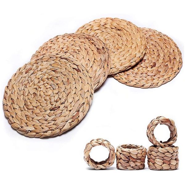 

mats & pads woven placemats - natural water hyacinth seagrass placemats, round and thick set of matching napkin rings