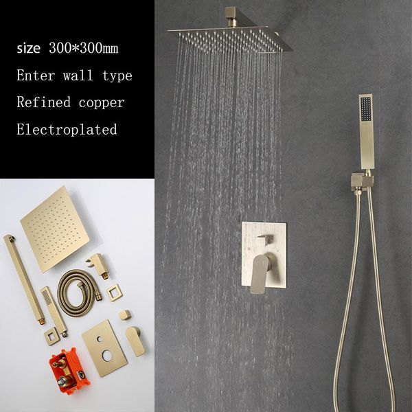 

12inch brushed gold concealed shower set in-wall embedded box faucet hidden ceiling hanging square 30cm 300mm bathroom sets