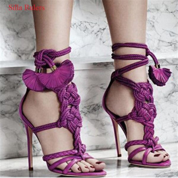 

charming purple rope braid knot strappy leaf lace up sandals high heels cross tied gladiator women shoes woman sandalias, Black