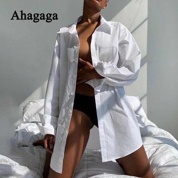 

ahagaga autumn winter casual shirt women long sleeve button pockets fashion turn-down collar office blouse female blusas women's blouse, White