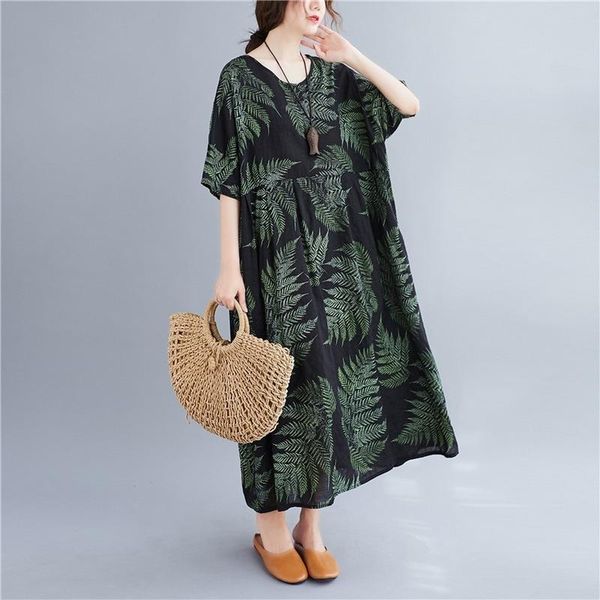 

casual dresses vintage plus size green print cotton linen maxi sundress 2021 summer korea women loose midi dress elegant bodycon party vesti, Black;gray