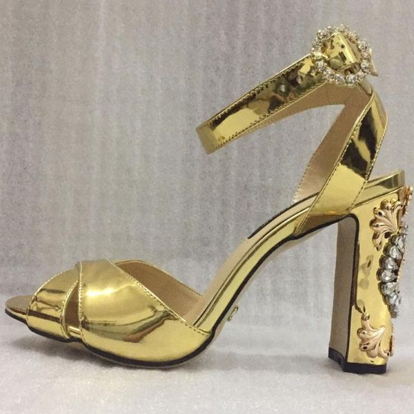 

macytino women crystal high heel sandals beading flower buckle strap pumps gold shiny leather wedding shoes plus size, Black