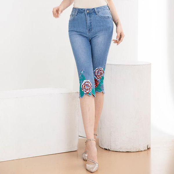 

brand elastic skinny pants female 2021 summer sweet embroidery flower high waist jeans women streetwear straight plus size women's, Blue