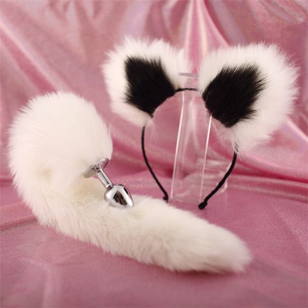 Sex Toys 40cm Full White Tail Two-Tone Sexy Plush Tornante Clip Orecchie Gioco di ruolo Trucco Butt Plug in metallo Espansione 2022