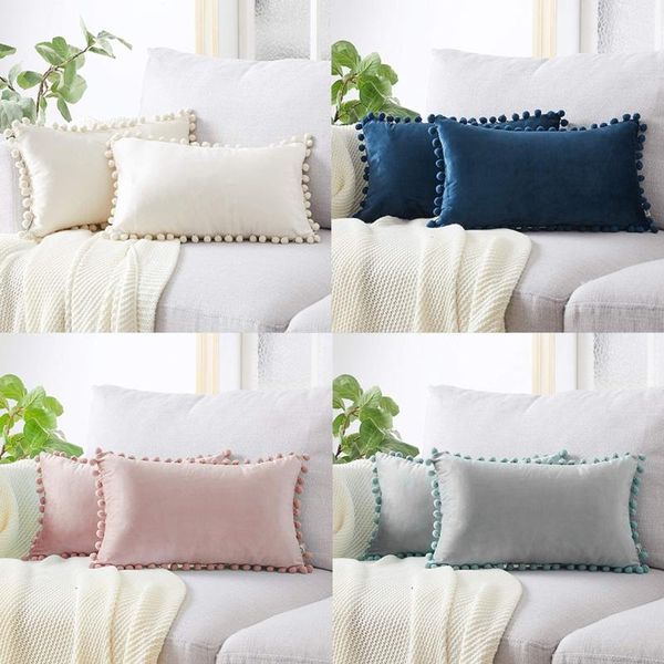 

cushion/decorative pillow w3ja nordic style velvet lumbar waist throw cover with pom simple solid color decorative rectangle cushion case