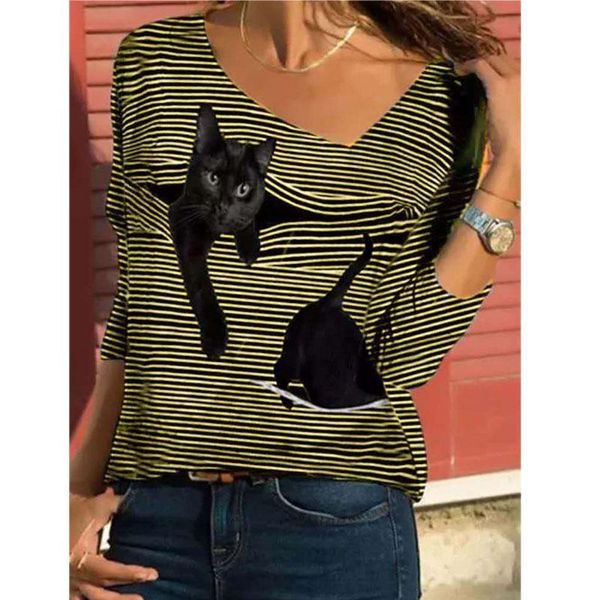 

casual funny cute cat printed women long sleeve v neck stripe t shirt lady street hipster loose pullovers women's t-shirt, White