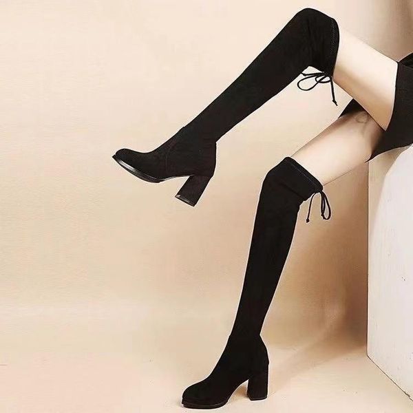 

boots 2021 women's over-the-knee stovepipe high-heeled velvet warm soft stretch winter women flock botines, Black