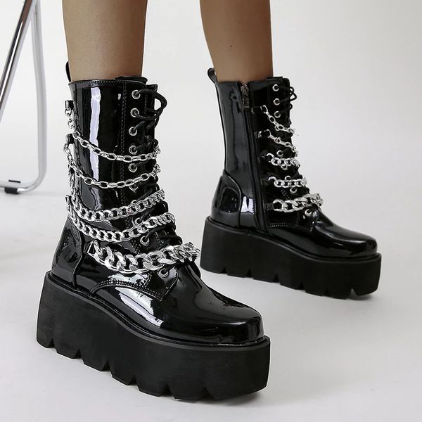 Размер 34-43 Клинья Обувь для женских ботинок с цепными сапогами на высоком каблуке ботилью на шнурок на платформе Панк сапоги женские туфли осень